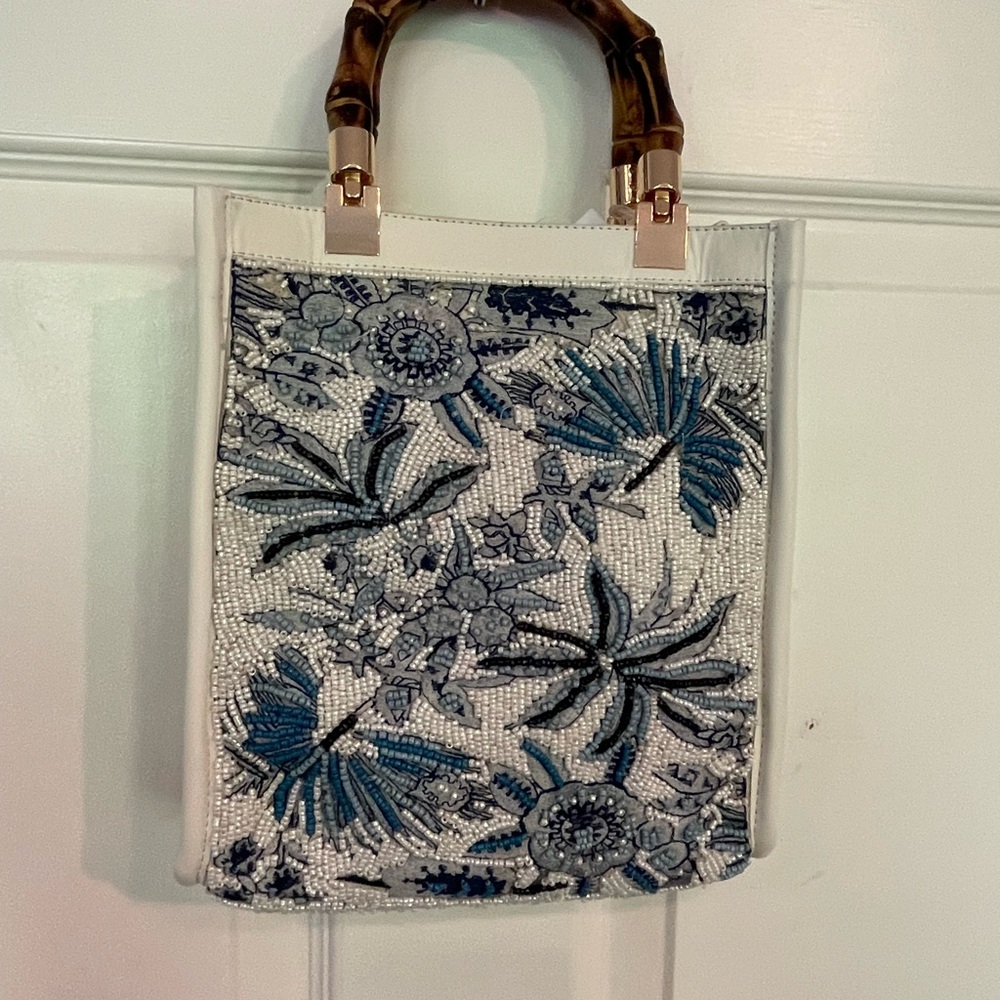 Viral TikTok Elegant Floral Beaded Tote Bag - White & Blue - Bamboo Handles NWT
